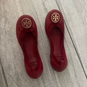 Tory Burch Deep Red Flats with Gold Logo